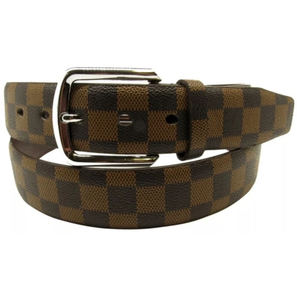 Dark Brown on Brown Checkered Belt with Silver Buckle | Unisex Style